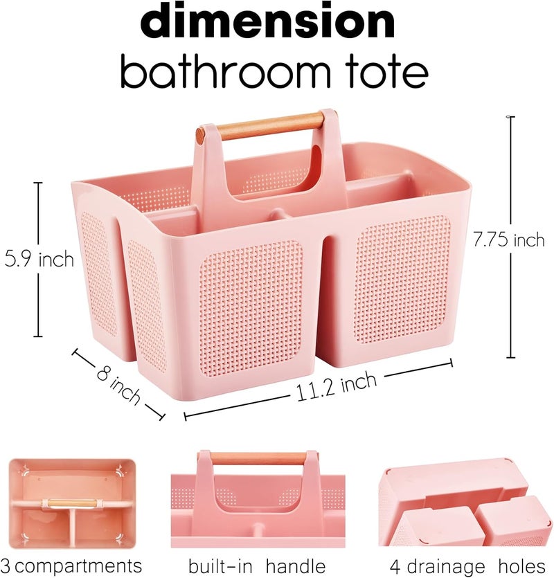 A-Link Portable Shower Caddy Basket with Compartments, Plastic Divided Cleaning Caddy Organizer Storage Tote with Handle for Bathroom, College, Dorm Room Essentials, Pink - Image 2